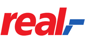 Ein Logo mit dem Wort „real“, entworfen für die SB-Warenhaus GmbH.