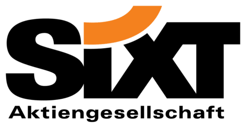 Das Sixt-Logo mit orange-schwarzem Hintergrund repräsentiert die Marke Sixt Autovermietung.